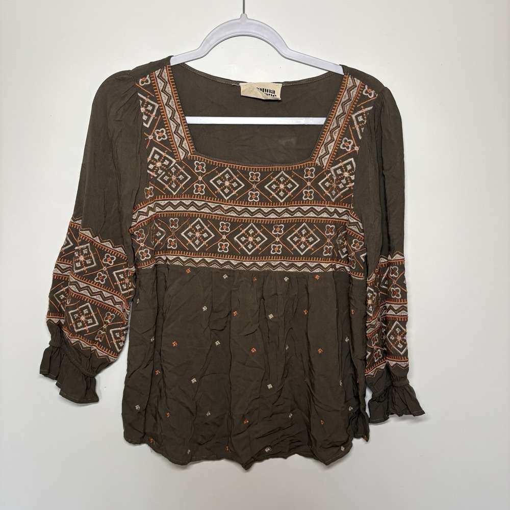 Savannah Jane Small Aztec Embroidered Babydoll Top‎ Brown Boho Hippie Natural